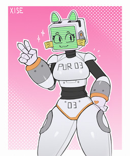 :3 anthro ben_day_dots boob_armor border fake_whiskers female for_a_head gesture glistening glistening_body green_face green_inner_ear grey_body hand_gesture hand_on_hip heart_symbol looking_at_viewer machine metallic_body name_tag noseless outline pink_background post-it_note print_armor pushbutton rivets screen screen_face segmented_abdomen segmented_body segmented_neck simple_background solo sparkles standing tailless text v_sign white_body white_border white_outline xise pur_03 domestic_cat felid feline felis mammal object_head robot robot_anthro screen_head 2025 5:6 absurd_res artist_name hi_res portrait three-quarter_portrait