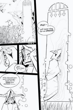 clothed clothing dialogue field grass hood horn magic_user male plant portal solo speech_bubble text fraek viktorus humanoid orc comic english_text hi_res monochrome