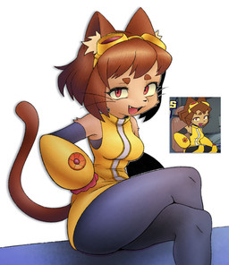 anthro black_bottomwear black_clothing black_pants bottomwear breasts brown_eyebrows brown_hair brown_tail clothing crossed_legs cute_fangs eyebrows eyewear eyewear_on_head fangs female female_anthro fur goggles goggles_on_head hair inner_ear_fluff kemono looking_at_viewer medium_breasts open_mouth open_smile pants purple_eyes shirt short_snout simple_background sitting smile solo tail tan_body tan_fur teeth topwear tuft whiskers white_background yellow_clothing yellow_shirt yellow_topwear antilerhour gameoverse glitch_productions kit_bodega 2026 hi_res