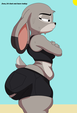 anthro beach big_butt bodily_fluids butt crossed_arms dialogue female huge_butt solo sun sweat spicynslim disney zootopia judy_hopps lagomorph leporid mammal rabbit absurd_res hi_res
