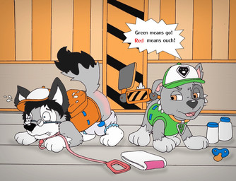 baseball_cap butt butt_slap caution_stripes clothing collar dialogue diaper duo eyewear feral fur glasses hat headgear headwear highlighted_text leash looking_at_another pacifier paws pointy_speech_bubble raised_tail reddened_butt slap spanking speech_bubble tail text text_emphasis young young_feral nelson88 paw_patrol fan_character rocky_(paw_patrol) canid canine canis domestic_dog mammal mixed_breed english_text