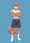 anthro blue_background bodily_fluids bottomwear canid canine clothing crossed_arms hi_res leeksaltboy male mammal muscular muscular_male raccoon_dog shirt shorts simple_background solo sweat tank_top tanuki tanuki_kun_(leeksaltboy) topwear