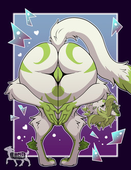anthro anus big_butt butt butt_focus butt_heart female fur genitals green_hair hair looking_back nude rear_view shortstack simple_background solo thick_thighs vulva white_body wide_hips yamgler praise_da_booty_(meme) felid feline mammal absurd_res hi_res