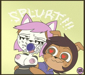 anthro assisted_oral assisted_rape big_breasts bodily_fluids border breasts brown_body brown_eyes brown_fur brown_hair clothed clothing cuckquean cum cum_in_mouth cum_inside duo exposed_breasts fellatio female forced fur genital_fluids hair hands_behind_back heart_eyes heart_symbol male male/female nipples oral partially_clothed penile pink_hair rape ruined_makeup sex white_body white_fur yellow_border missmess disney the_owl_house amity_blight luz_noceda canid canine canis domestic_cat domestic_dog felid feline felis mammal hi_res
