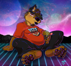 1980s_theme anthro autobot clothed clothing drugs feet looking_at_viewer male marijuana paws pipe slightly_chubby smoke smoking sean_blackthorne hasbro takara_tomy transformers canid canine mammal digital_media_(artwork)