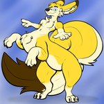 big_tail male simple_background smile smirk solo tail fangy_boyo daniel_fang canid canine fennec_fox fox mammal taur true_fox 1:1 hi_res