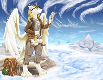 anthro backpack belt feathered_wings feathers foreskin genitals heart_symbol humanoid_genitalia humanoid_penis letter male nude penis pubes sky solo tail vein veiny_penis wings weisswinddragon mythology angel_dragon dragon mythological_creature mythological_scalie scalie