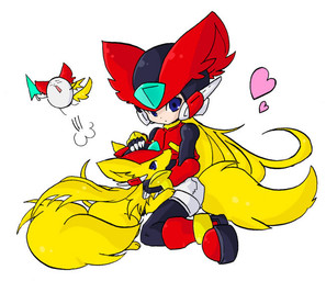 ambiguous_feral ambiguous_gender armor blonde_hair blue_eyes boots bottomwear clothed clothed_humanoid clothing female female_humanoid feral footwear fully_clothed fully_clothed_humanoid fur group hair hand_on_another's_head headgear heart_symbol helmet kemono kneeling light_body light_skin long_hair looking_at_viewer pants red_boots red_clothing red_footwear red_topwear red_vest shoes simple_background tail topwear trio vest white_background white_bottomwear white_clothing white_pants yellow_body yellow_fur yellow_tail shiokake capcom mega_man_(series) mega_man_zero zero_(mega_man) animal_humanoid canid canid_humanoid canine canine_humanoid fox fox_humanoid humanoid mammal mammal_humanoid 2010 cel_shading digital_media_(artwork) shaded