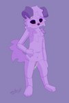 andromorph anthro blush bodily_fluids cum empty_eyes floppy_ears fluffy genital_fluids genitals intersex plushie pussy solo standing stitch_(sewing) cerealbowlsystem jaffa_cake_(cerealbowlsystem) canid canine canis domestic_dog mammal absurd_res cel_shading hi_res shaded