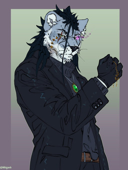 anthro belt black_clothing black_gloves black_hair black_handwear black_nose black_topwear blue_body blue_fur bottomwear bracelet clothed clothing coat eye_scar eyewear facial_scar fingers formal_wear fur gem gloves glowing glowing_eyes green_eyes grey_body grey_clothing grey_fur hair handwear jewelry long_hair looking_at_viewer male necklace pants pink_eyes purple_eyes scar simple_background solo suit sweater topwear turtleneck whiskers white_body white_fur yellow_eyes milajanh felid feline lion mammal pantherine absurd_res digital_media_(artwork) hi_res portrait