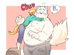 anthro belly blush bottomwear clothing duo exclamation_point hug kemono kissing male moobs navel nipples overweight overweight_male pants simple_background size_difference surprised inunoshippo canid canine canis domestic_dog mammal 2024 4:3 hi_res