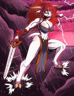 angry anthro armor belt bikini bikini_armor black_body black_fur blush body_blush bone bottomwear breast_blush breasts butt chainmail chainmail_bikini clenched_teeth clothing cloud corpse_paint crown curly_hair electricity emerald_(gem) female fist fur gauntlets gem glistening glistening_body glistening_breasts glistening_butt gloves hair handwear headgear holding_object holding_weapon hooves horn lightning loincloth long_hair long_horn melee_weapon muscular muscular_anthro muscular_female muscular_thighs raining red_hair rock skull skull_symbol solo swimwear sword tail teeth text thick_thighs tiara two-piece_swimsuit unconvincing_armor weapon white_body white_fur yellow_eyes rhunter13 princess_eliza_(therealnarrowjungle) angora_goat bovid caprine domestic_goat goat mammal hi_res unknown_text