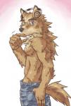 anthro biped black_nose blue_eyes bodily_fluids brown_body brown_fur clothed clothing electronics eyewear fur glasses headphones looking_at_viewer male simple_background solo standing sweat topless white_background ryuta-h canid canine canis mammal wolf 2006