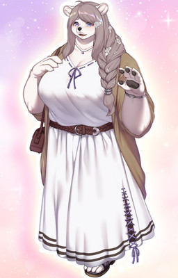abstract_background anthro bag big_breasts biped blue_eyes braided_hair breasts clothed clothing dress female footwear fur gesture grey_hair hair hand_on_breast huge_breasts long_hair looking_at_viewer overweight overweight_anthro overweight_female pawpads pink_background sandals shoes simple_background solo waving white_body white_fur kikunoya two_beasts_or_not_to_beast midori_horabe bear mammal polar_bear ursine official_art