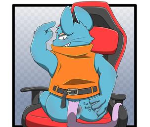 anthro bite_mark blue_body butt chair furniture kemono male sitting smile solo letter_route house_mouse mammal mouse murid murine rodent 2025 hi_res