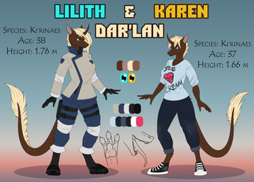 anthro clothed clothing duo equis_universe female muscular muscular_anthro muscular_female outline police police_uniform text uniform sunny_way karen_dar'lan lilith_dar'lan ki'rinaes digital_media_(artwork) english_text model_sheet