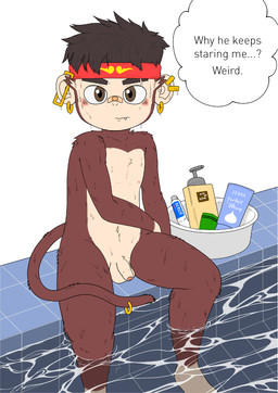 accessory anthro balls band-aid band-aid_on_face band-aid_on_nose bandage bandage_on_face bandage_on_nose bathtub blush ear_piercing feet flaccid foreskin genitals glans hair hair_accessory half-erect humanoid_genitalia humanoid_penis looking_at_viewer male nervous nipples nude nude_anthro nude_male partially_submerged penis piercing pink_glans pink_nipples public public_nudity sitting solo tail tan_balls tan_penis text water wet young young_anthro young_male herobrine98 o_kong_(herobrine98) haplorhine mammal monkey primate english_text