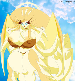 anthro beak big_breasts big_butt bikini bikini_bottom bikini_top blonde_hair blue_eyes breasts butt choker clothing erect_nipples eyelashes feathered_wings feathers female front-tie_bikini fur hair huge_breasts huge_butt huge_thighs hyper hyper_breasts hyper_butt hyper_thighs jewelry long_eyelashes long_hair macro_female necklace nipple_outline nipples sky solo swimwear tail tail_feathers thick_thighs tied_bikini tight_bikini tight_clothing two-piece_swimsuit wide_hips wings yellow_body yellow_fur xml_xrossover_(artist) european_mythology greek_mythology hazbin_hotel hellaverse mythology speaker_of_god_(hazbin_hotel) angel avian mythological_avian mythological_bird mythological_creature mythological_firebird phoenix absurd_res hi_res