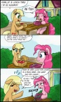 absurd_res apple applejack_(mlp) blonde_hair blue_eyes ciriliko comic creeper_(minecraft) crossover cutie_mark duo earth_pony english_text equid equine female feral food freckles friendship_is_magic fruit green_eyes hair hasbro hi_res horse lunchbox mammal microsoft minecraft mojang my_little_pony pinkie_pie_(mlp) plant pony rock tail text xbox_game_studios young