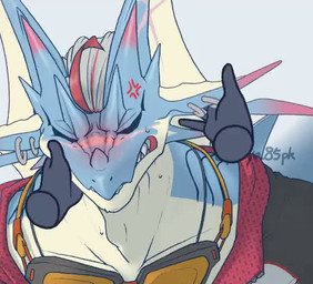 angry anthro blue_body blush cross-popping_vein cupping_face disembodied_hand duo ear_piercing ear_ring embarrassed frill_(anatomy) hair male membrane_(anatomy) membranous_frill piercing ring_piercing tsundere white_hair pgtya85pk lifewonders live_a_hero mythology hydoor dragon mythological_creature mythological_scalie scalie animated no_sound short_playtime video