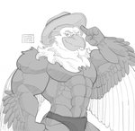 abs anthro beak biceps clothing cowboy_hat feathers hat headgear headwear male muscular muscular_anthro muscular_male pecs solo speedo superhero swimwear wings chirros lifewonders tokyo_afterschool_summoners thunderbird_(tas) accipitrid accipitriform avian bird eagle hi_res monochrome