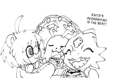 anthro bivalve_shell claws eating female feral group male mollusk_shell okonomiyaki sharp_teeth shell smile teeth text trio wings phantom_phony bandai_namco digimon digimon_beatbreak digimon_(species) ludomon monodramon syakomon english_text monochrome