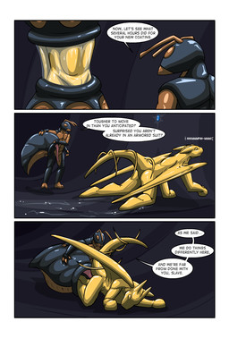 antennae_(anatomy) anthro bdsm bodysuit bound clothing dialogue duo encasement erection female forced genitals horn latex male penis sensory_deprivation skinsuit slave sound_effects speech_bubble suit tail tentacles text tight_clothing endium mythology ant arthropod dragon hymenopteran insect mythological_creature mythological_scalie scalie comic english_text hi_res story story_in_description