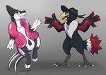 2_tails ambiguous_gender anthro beak black_body black_feathers black_nose claws digitigrade duo fangs feather_hands feathers fluffy_chest fur grey_background grey_body grey_claws grey_fur hindpaw markings multi_tail paws pink_eyes pink_fins red_eyes red_markings red_tongue simple_background smile snout tail tail_feathers teeth toe_claws tongue white_body white_fur yellow_beak jaspering nintendo pokemon floatzel generation_4_pokemon honchkrow pokemon_(species) 2019 digital_drawing_(artwork) digital_media_(artwork) hi_res shaded signature