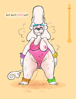anthro areola areola_visible_through_clothing aroused blush bodily_fluids bottom_heavy breasts breath brown_eyes cleavage clothed clothing edging exercise_clothing female floppy_ears front_view fur genital_fluids leotard meter navel nipples one_breast_out panting penetration pink_clothing pink_leotard poofy_hair pubes sex_toy sex_toy_in_vagina sex_toy_insertion simple_background solo tail thick_thighs translucent translucent_clothing vaginal vaginal_fluid_string vaginal_fluids vaginal_fluids_on_ground vaginal_fluids_on_leg vaginal_penetration vibrator vibrator_in_vagina white_body white_fur wide_hips kaboozey pooh_(kaboozey) canid canine canis domestic_dog mammal poodle 2020 absurd_res hi_res