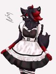 anthro black_body black_fur black_nose blue_eyes blush breasts clothed clothing dress ear_piercing eyelashes female fluffy fur holding_clothing holding_dress holding_object maid_uniform neck_tuft piercing red_body red_fur simple_background small_breasts smile solo tuft uniform rusoide nintendo pokemon canid canine generation_5_pokemon mammal pokemon_(species) zorua 3:4 hi_res