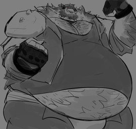 anthro arm_hair backwards_cap biped body_hair bottomwear chest_hair chest_tuft clothed clothing gloves handwear happy_trail hat headgear headwear male morbidly_obese musclegut muscular muscular_anthro muscular_male neck_tuft obese open_bottomwear open_clothing open_pants overweight overweight_anthro overweight_male pants shirt shoulder_pads solo topwear tuft underwear vest sulviez trei_(sulviez) egyptian_mongoose herpestid mammal mongoose mustelid monochrome sketch
