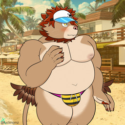 anthro beach belly big_belly blush brown_body brown_fur bulge clothing embarrassed fur hat headgear headwear male musclegut muscular navel nipples overweight overweight_male pecs seaside solo speedo swimwear visor_cap yellow_eyes lucknomz lifewonders tokyo_afterschool_summoners vapula_(tas) felid lion mammal pantherine 1:1 hi_res
