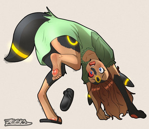 barefoot black_body black_fur blue_eyes clothing feet female flip_flops footwear fur green_clothing human_to_feral mid_transformation open_mouth pawpads red_sclera sandals shoes simple_background solo species_transformation surprised tail transformation zeeker19_(artist) nintendo pokemon eeveelution generation_2_pokemon human mammal pokemon_(species) umbreon 2026 hi_res