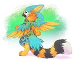 ambiguous_gender anthro beak black_beak feathered_wings feathers fur paws smile solo tropical wings magenta7 mythology ara_(genus) avian bird blue-and-yellow_macaw gryphon hybrid macaw mythological_avian mythological_creature neotropical_parrot parrot true_parrot 2021 digital_media_(artwork)