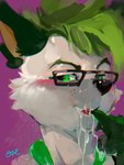 2022 absurd_res ambiguous_gender anthro black_nose blush bodily_fluids cheek_tuft cum cum_on_face eyewear facial_tuft fur genital_fluids glasses green_body green_ears green_eyes green_fur green_hair hair hi_res looking_at_viewer narrowed_eyes oselotti purple_background rectangular_glasses short_hair signature simple_background solo tuft white_body white_fur