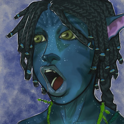 black_hair blue_body blue_skin braided_hair braided_ponytail fangs female glow_freckles hair markings open_mouth pointy_ears ponytail solo striped_markings stripes teeth yellow_eyes young young_female isw james_cameron's_avatar tuktirey_(james_cameron's_avatar) alien na'vi 1:1 bust_portrait portrait