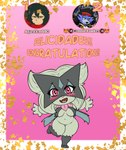 anthro big_breasts blush border breast_curtains breasts chibi congratulations eyelashes female fur green_body green_fur pink_background simple_background standing text thick_thighs white_border wide_hips lobovalkiria nintendo pokemon meowscarada_(lobovalkiria) generation_9_pokemon meowscarada pokemon_(species) absurd_res english_text hi_res spanish_text