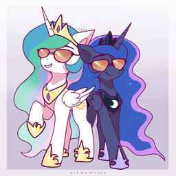 armor blue_hair border crown duo eyewear female feral gradient_background grey_border hair headgear horn multicolored_hair peytral pink_hair purple_body purple_hair raised_leg simple_background smile sunglasses white_body wings nnalyart friendship_is_magic hasbro my_little_pony mythology princess_celestia_(mlp) princess_luna_(mlp) equid equine mammal mythological_creature mythological_equine winged_unicorn 1:1 2025 absurd_res hi_res