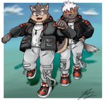 anthro black_body black_fur clothing duo eyebrows fur grey_body grey_fur hair hand_in_pocket jacket male matching_outfits pockets scar thick_eyebrows topwear white_hair kt0414143919 lifewonders tokyo_afterschool_summoners moritaka_(tas) tadatomo_(tas) canid canine canis domestic_dog mammal hi_res