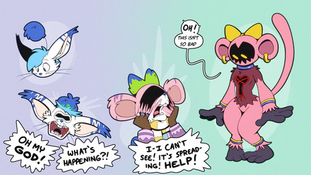 accessory antennae_(anatomy) blue_eyes blue_hair body_horror bow_ribbon bracelet dialogue ear_piercing ear_ring fur gender_transformation hair hair_accessory hair_bow hair_ribbon horror_(theme) jewelry monkey_tail mtf_transformation piercing pom_antennae ribbons ring_piercing speech_bubble striped_ears tail text transformation whiskers white_body white_fur yellow_eyes yellow_hair_bow trevor-fox kingdom_hearts square_enix erakir_(character) bouncywild bouncywild_heartless haplorhine heartless ivalician_moogle mammal monkey primate 16:9 comic english_text hi_res widescreen