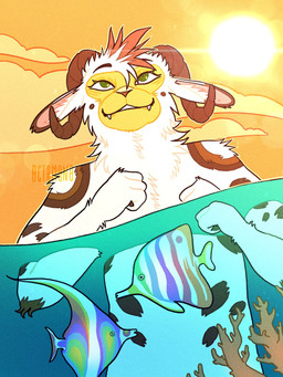 ambiguous_feral ambiguous_gender anthro brown_horn brown_markings cloud fangs feral fur green_eyes group hair horn male male_anthro markings multicolored_hair nude orange_hair outside partially_submerged smile sun teeth text trio two_tone_hair white_body white_fur white_hair 0ct0m0n0 bovid caprine fish mammal marine sheep 3:4 artist_name hi_res