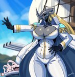 anthro armor big_breasts breasts bulging_breasts cannon cleavage clothed clothing coat female glistening glistening_breasts gloves grey_body hair handwear headgear helmet jewelry naval_uniform necklace open_mouth ranged_weapon ship solo topwear uniform vehicle watercraft weapon yellow_eyes lyorenth-the-dragon bandai_namco digimon blackwargreymon digimon_(species) koromon 2024 hi_res