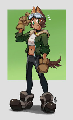 anthro bomber_jacket boots bottomwear brown_body brown_hair clothing collar eyewear eyewear_on_head female footwear gloves goggles goggles_on_head green_background green_eyes hair handwear looking_at_viewer pants shoes simple_background smile solo standing tail dogbomber canid canine canis domestic_dog mammal 2022 hi_res