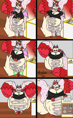 belly breast_expansion breasts expansion food frosting growth hyper hyper_pregnancy inflation magic male moobs navel outie_navel pastry pregnant pregnant_male stretching_clothes tail tail_mouth text unusual_anatomy unusual_tail flamingazalea unknown_species 5:8 comic english_text hi_res