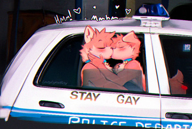 anthro blush car collar collar_only duo fur hair kissing male male/male motor_vehicle nude outside pink_body pink_fur police police_car police_vehicle tail text vehicle lazylynxboy ford_crown_victoria canid canine mammal digital_media_(artwork) english_text meme