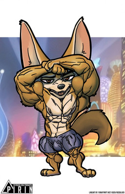anthro big_muscles black_nose bottomwear bulge claws clothing fur hand_above_head hand_on_head huge_muscles looking_at_viewer male multicolored_body multicolored_fur muscular muscular_anthro muscular_male nipples open_mouth orange_eyes sharp_teeth shorts solo standing tail tan_body tan_fur teeth text two_tone_body two_tone_fur pirin-apex redsilver disney zootopia finnick_(zootopia) canid canine fennec_fox fox mammal true_fox hi_res signature url