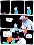 aftertale ambiguous_gender animated_skeleton black_background bone bottomwear clothing coat comic dialogue english_text frisk_(undertale) geno_sans_(aftertale) human loverofpiggies lying mammal not_furry sad sans_(undertale) scarf shorts simple_background skeleton text topwear undead undertale undertale_(series) wounded