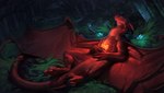 ambiguous_gender claws detailed_background feral forest grass horn membrane_(anatomy) membranous_wings moss night outside plant red_body red_scales scales solo tail tree wings k-dromka kdromka european_mythology mythology dragon mythological_creature mythological_scalie scalie western_dragon 2021
