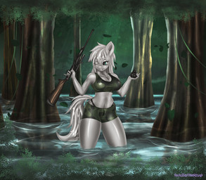 anthro big_breasts breasts cleavage clothed clothing costume detailed_background explosives female fur green_eyes grenade gun hair long_hair nature navel nipples one_eye_closed outside plant ranged_weapon smile solo swamp tree water weapon white_hair sixpathoffriendship capcom darkstalkers hasbro my_little_pony fan_character savage_(mlp) earth_pony equid equine horse mammal pony crossover digital_media_(artwork) hi_res source_request