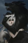 ambiguous_gender anthro black_body black_fur duo eyes_closed fangs female fur hair happy hug leaning love nude pained sharp_teeth simple_background smile teeth touching_hair white_hair stringmouse animal_humanoid canid canid_humanoid canine canine_humanoid canis humanoid mammal mammal_humanoid wolf wolf_humanoid